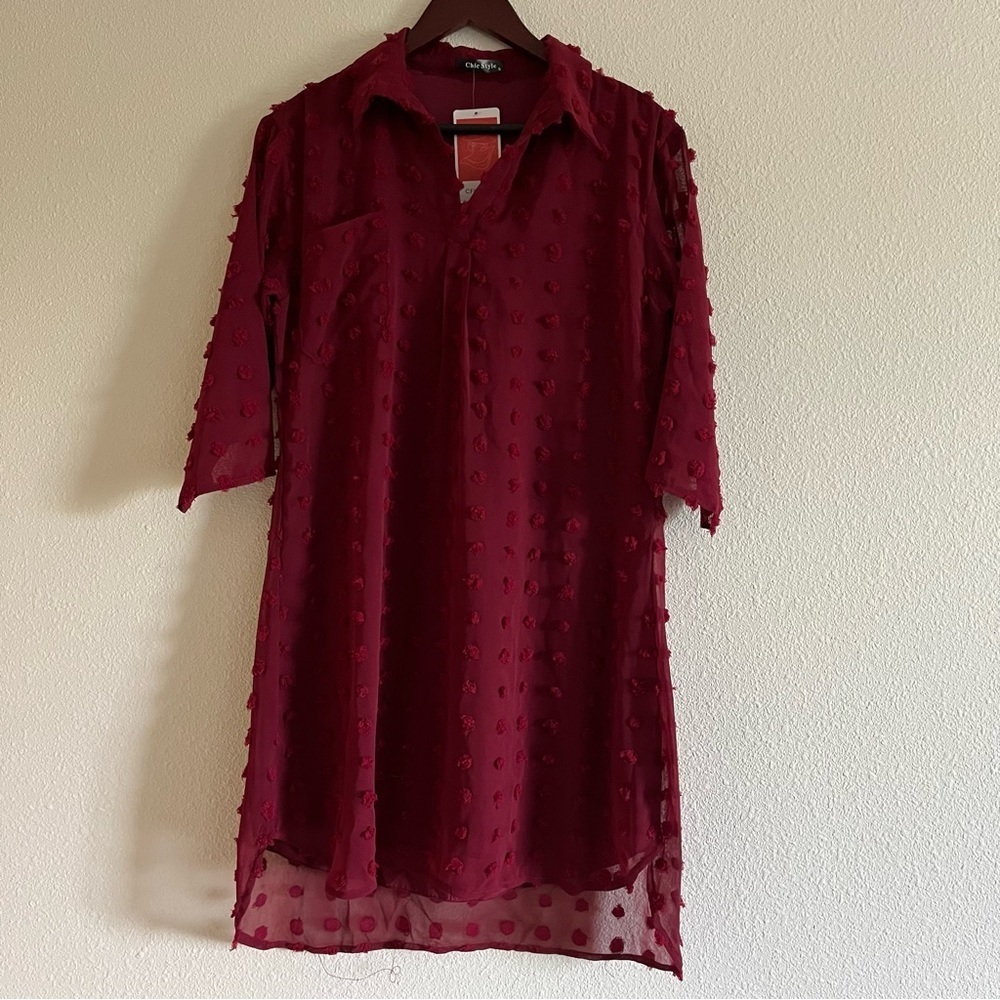 NWT Chic Style Size Small Burgundy Red 3/4 Sleeve Shift Dress - Picture 5 of 9